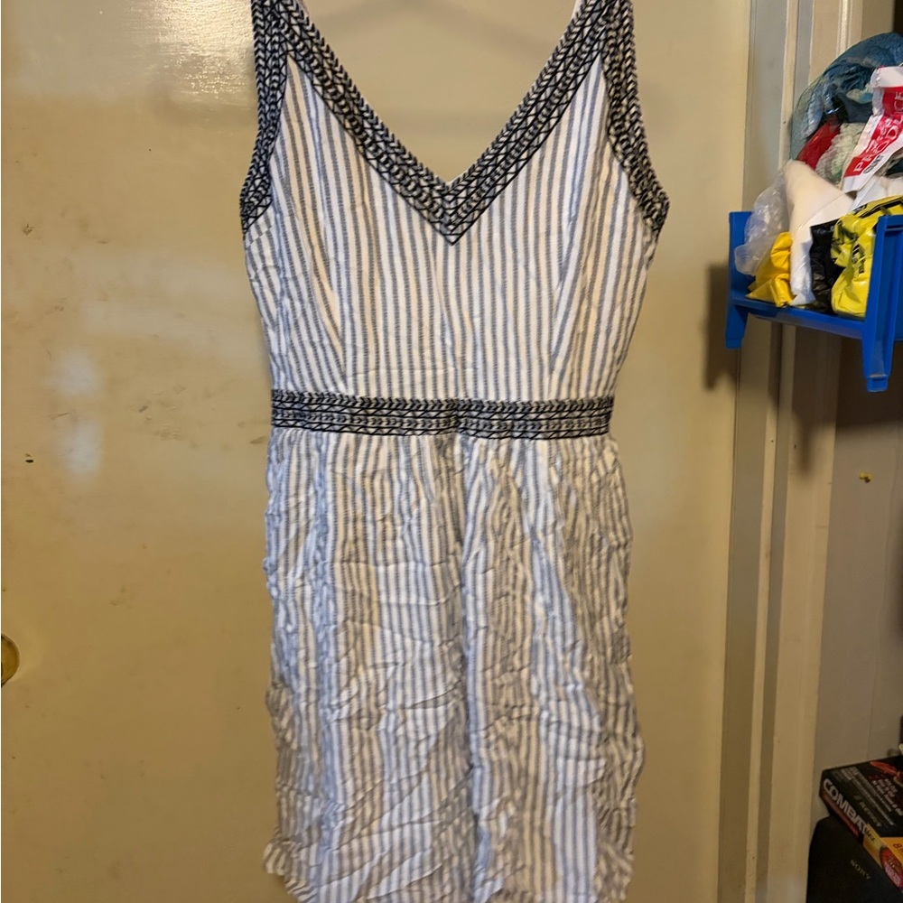 Striped V-Neck Sleeveless Summer Dress - Blue & White
